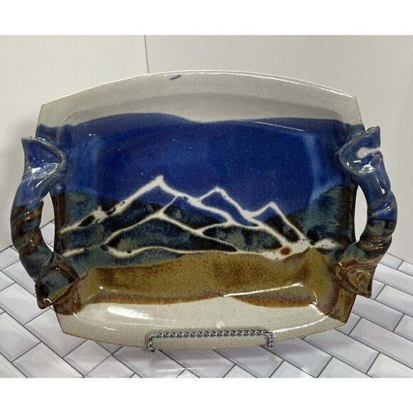 Doe Ridge Pottery Tray Mountain Scene Drip Glaze Signed Modern Artisan Handmade - Picture 1 of 13